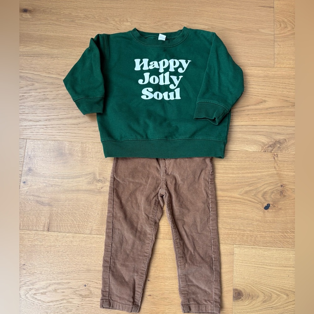 Green "Happy Jolly Soul" Sweatshirt with Brown Corduroy Pants